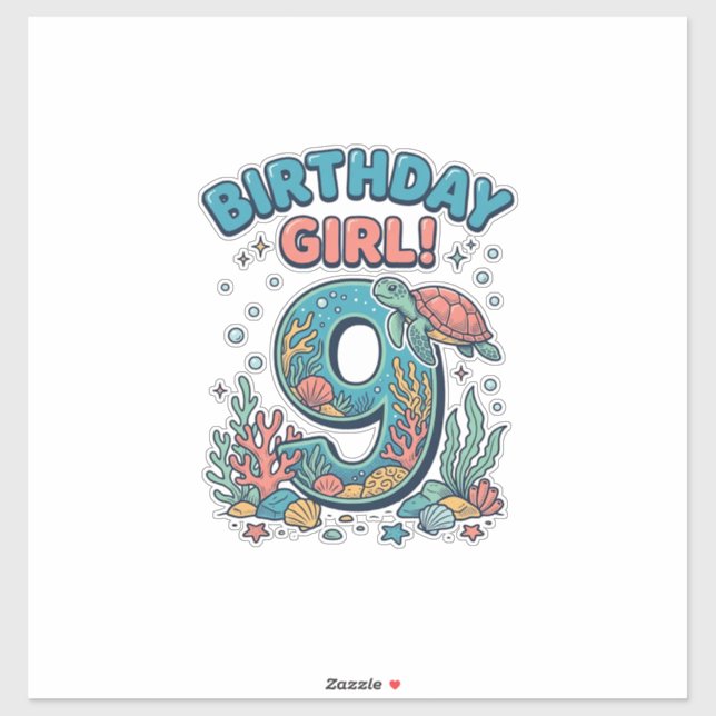 Sticker Fille d'anniversaire 9 Tortue de mer Conception ve (Feuille)