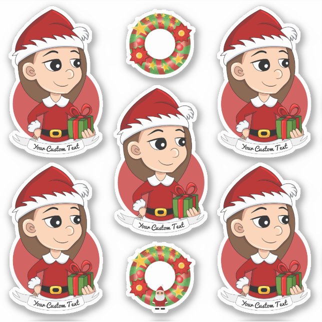 Sticker Fille de Noël avec cheveux longs bruns (Devant)