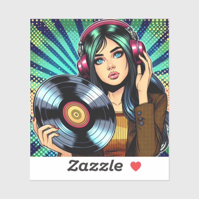 Sticker Fille de style comic art pop cool avec album vinyl (Feuille)