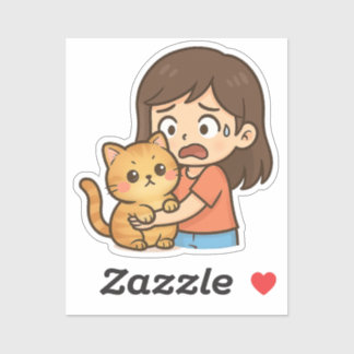 Sticker Fille effrayée serrant son chat dans ses bras