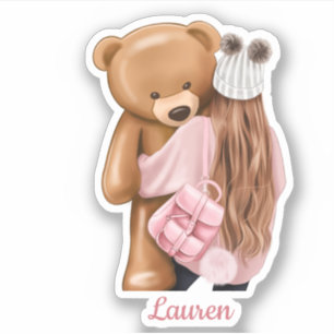 Sticker Fille en rose avec ours en peluche Nom personnalis