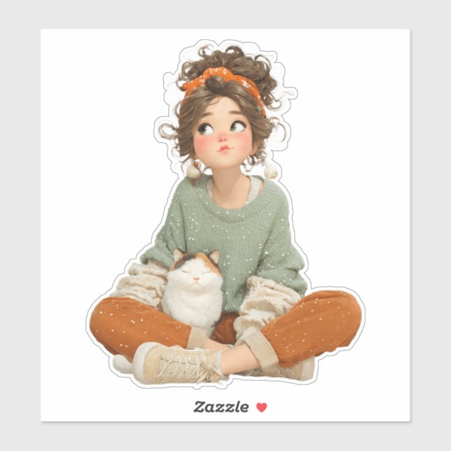 Sticker Fille et chat dans une rêverie silencieuse – Autoc (Feuille)
