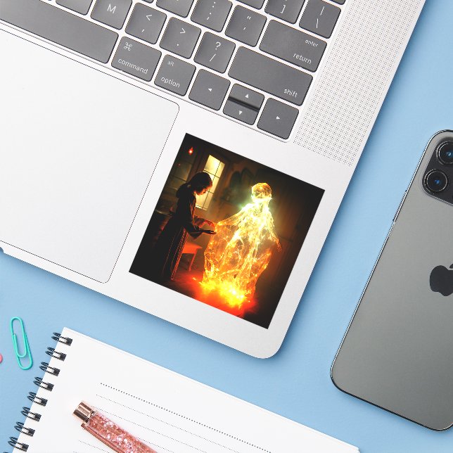 Sticker Fille et fantôme (Ordinateur portable avec iPhone)