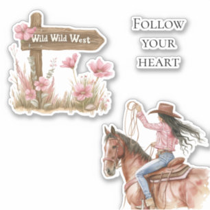 Sticker Fille florale rose Fille sauvage Ouest sur cheval