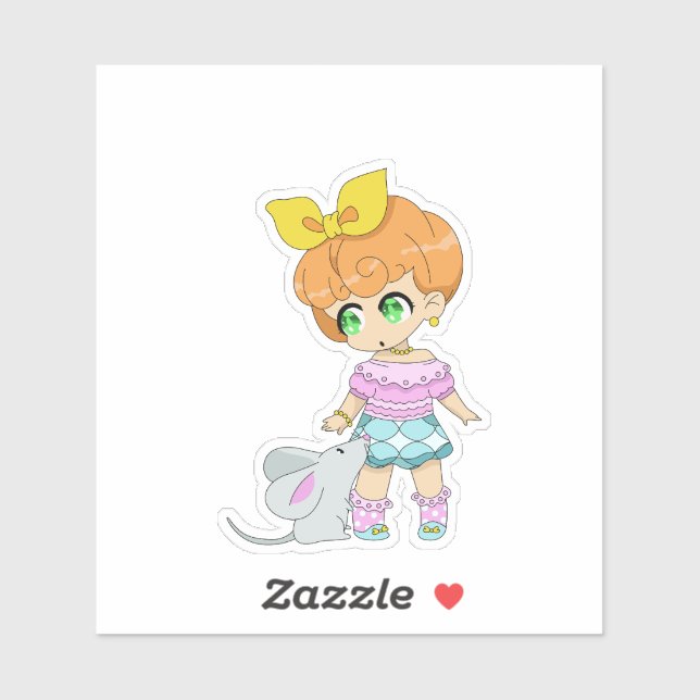 Sticker Fille Kawaii avec amie de souris (Feuille)