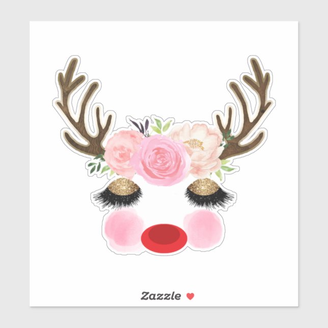 Sticker Fille Noël Reindeer Floral Antlers (Feuille)