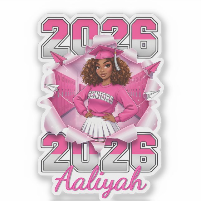 Sticker Fille noire Senior 2026 Rose Argenté (Devant)