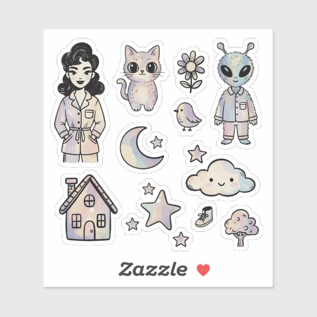 Sticker Fille Pin-Up Alien Chat Illustration Ensemble Auto (Feuille)
