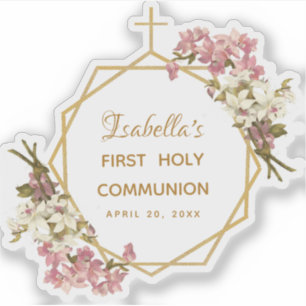 Sticker Fille Première Communion Pink Orchid Gold Cross Fl