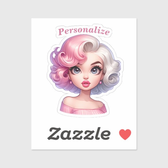 Sticker Fille rétro glamour animée personnalisable (Feuille)