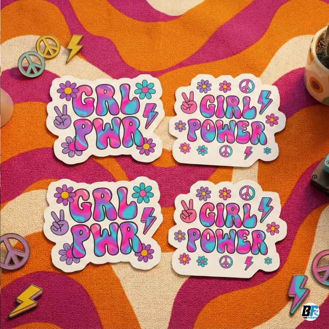 Sticker Fille Rétro Groovy Puissance Rose Bleu Typographie (Créateur téléchargé)