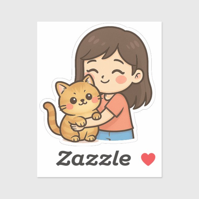 Sticker Fille serrant son chat dans ses bras (Feuille)