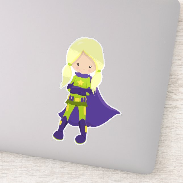 Sticker Fille Superhero, Cheveux Blonde, Héros, Cape Viole (Détail)