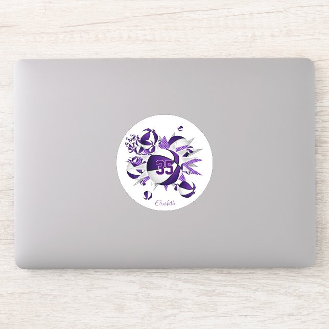 Sticker filles nom sur violet blanc basketballs étoiles (Ordinateur)