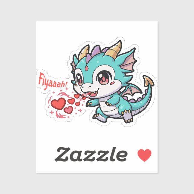 Sticker Fiyaaah Cute Baby Dragon Chibi Anime Kawaii Heart (Feuille)
