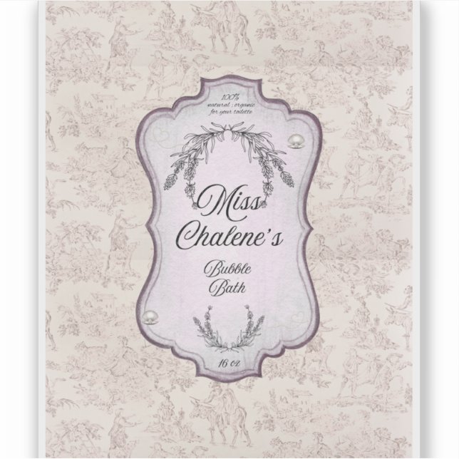 Sticker Flacon Pot Antique Bain Moussant Rose Vintage  (Devant)