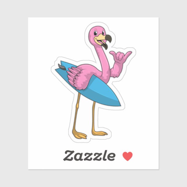 Sticker Flamant rose comme Surfer avec Surfboard (Feuille)