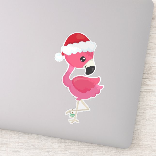 Sticker Flamant rose de Noël, Flamant rose rose, Santa Hat (Détail)