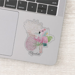 Sticker Flamant Rose Féminin, Feuilles Tropicales, Ananas