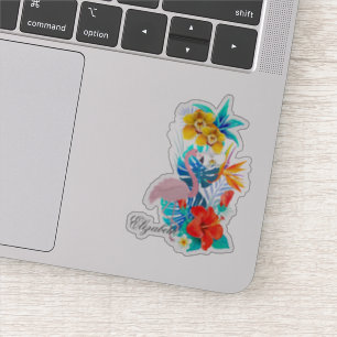 Sticker Flamant Rose, Fleurs Tropicales - Personnalisé