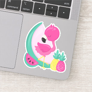 Sticker Flamant rose rose avec pastèque et ananas