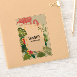 Sticker Flamant rose rose élégant et Feuilles tropicaux
