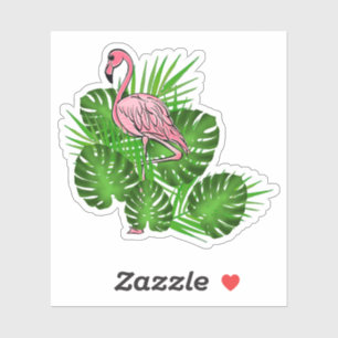 Sticker Flamant rose rose, Feuilles tropicaux