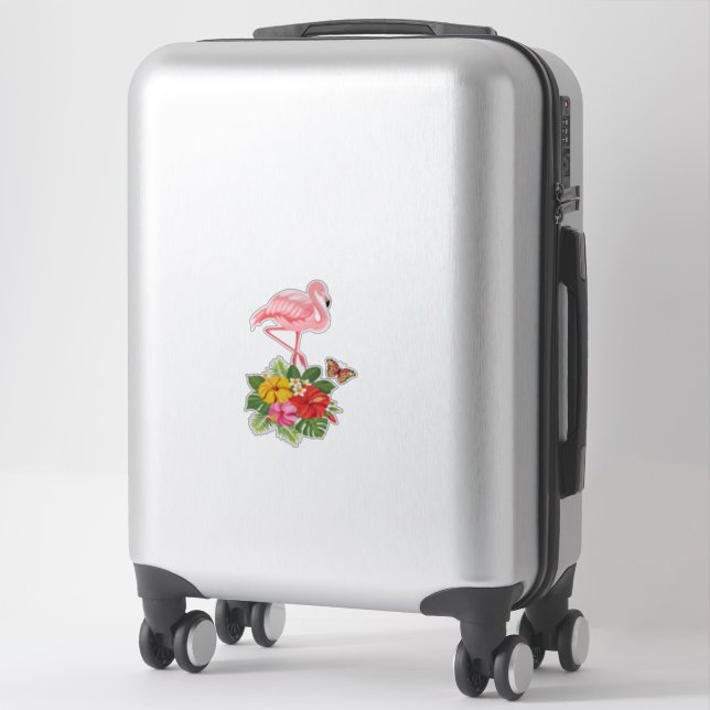 Sticker Flamant rose rose & Hibiscus Tropical Fancy (Sur valise)