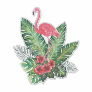 Sticker Flamant rose tropical feuille