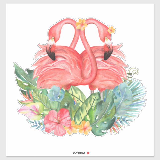 Sticker Flamants roses roses Aiment les fleurs tropicales (Feuille)