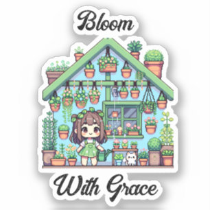 Sticker Fleur avec grâce   Kawaii Girl avec Plante
