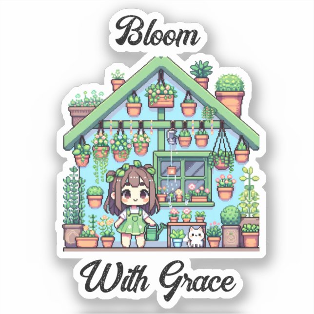 Sticker Fleur avec grâce | Kawaii Girl avec Plante (Recto)