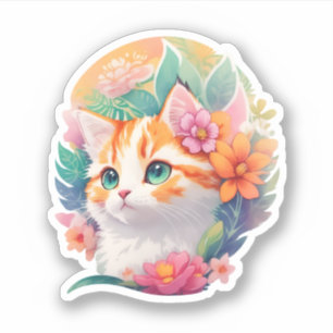 Sticker Fleur botanique Tabby Chat Aquarelle Portrait