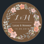 Sticker Fleur Brown Rustique Wreath Wedding Favor<br><div class="desc">Vintage et rustique mariage à couronne florale merci sticker. Décoré avec des dessins aquarelles de fleurs, feuilles et baies. Monogramme autocollant pour les sceaux de mariage ou d'enveloppe faire-part de mariage. Customiser le libellé pour toute occasion spéciale. Bonsoir de printemps, étiquette de douche nuptiale, fête d'anniversaire, dîner fiançailles, baby shower...</div>