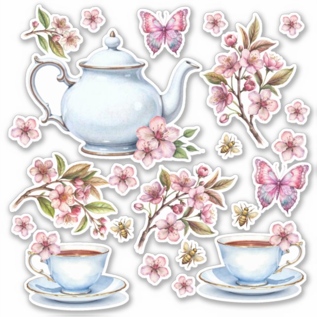 Sticker Fleur rose cerise champ de fleurs avec thé (Devant)