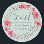 Sticker Fleur Rose Rustique Fleur Wreath Wedding F<br><div class="desc">Vintage et rustique couronne florale merci sticker mariage. Belle aquarelle dessinant des fleurs et des feuilles avec des baies roses. Monogramme autocollant avec initiales de mariée et de mariée. Customisez le libellé pour la faveur de mariage du printemps, la faveur de la fête pour le étiquette pour la douche nuptiale,...</div>