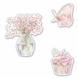 Sticker Fleurs blanches roses blush papillon