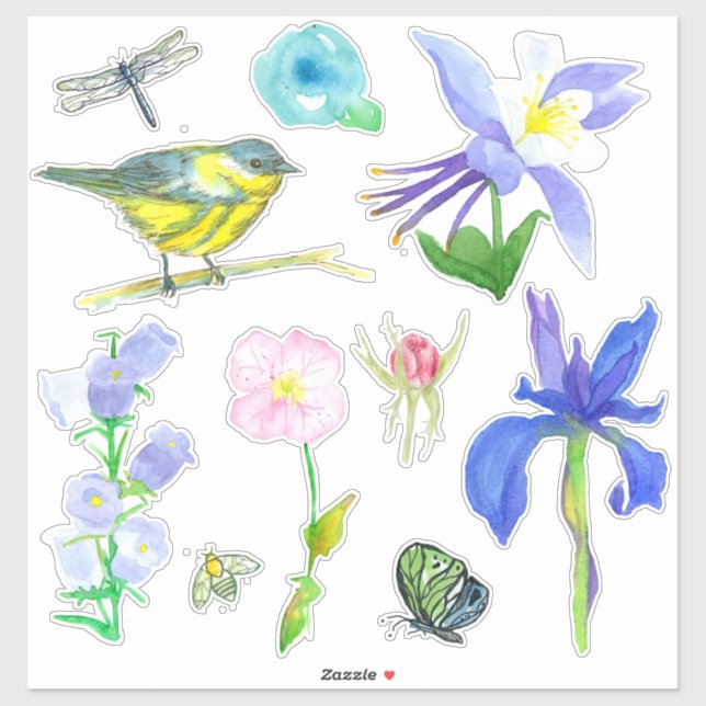 Sticker Fleurs bleues Miel Bee Dragonfly Fleurs sauvages V (Feuille)