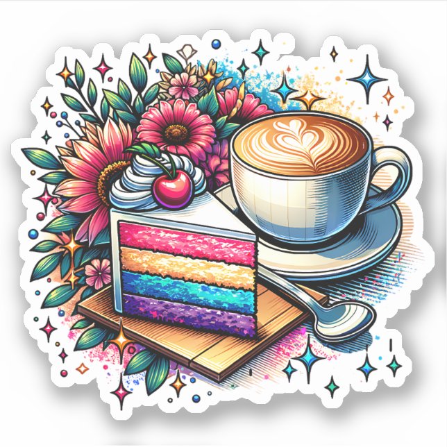 Sticker Fleurs, café et gâteau arc-en-ciel (Devant)