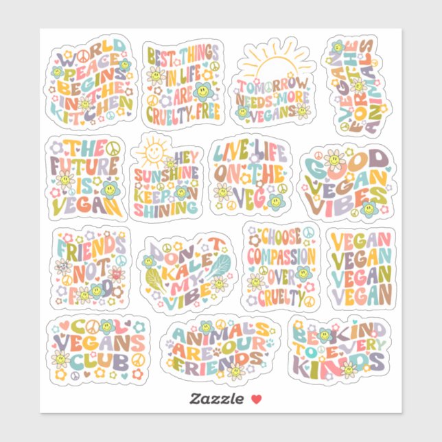 Sticker Fleurs colorées, Ensemble Vegan Rétro (Feuille)