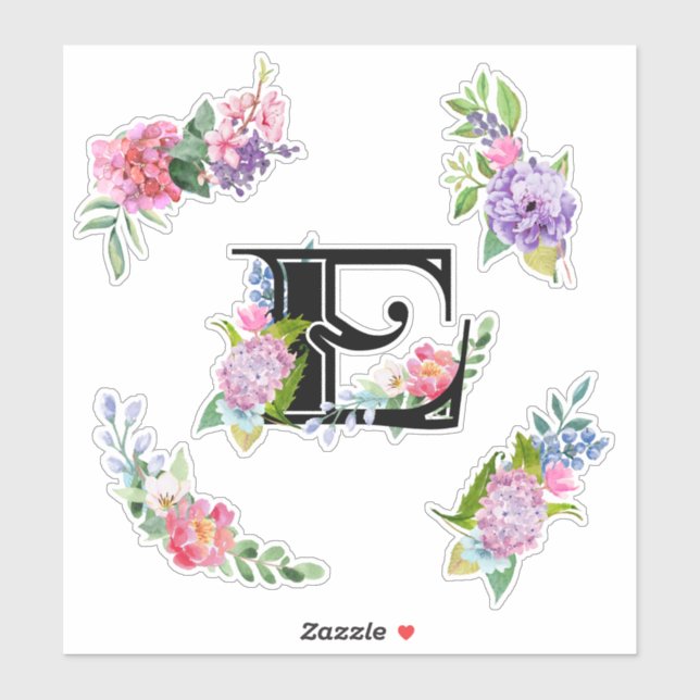 Sticker Fleurs d'aquarelle chic avec lettre E (Feuille)