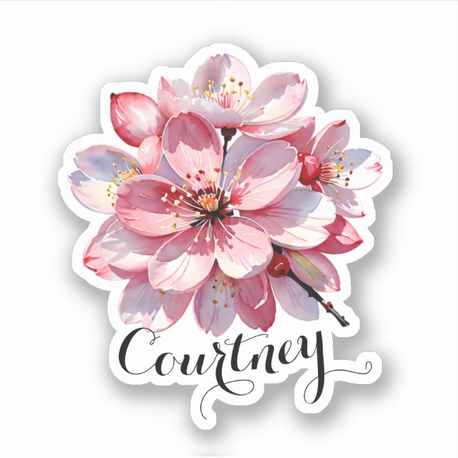 Sticker Fleurs d'aquarelle Sakura rose Nom personnalisé (Devant)