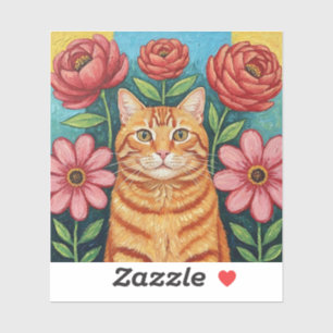 Sticker Fleurs d'art populaire de chat orange