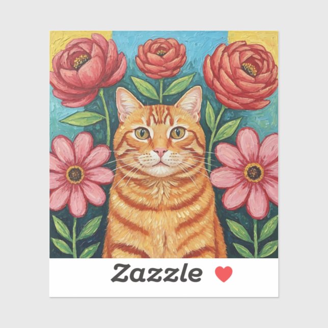 Sticker Fleurs d'art populaire de chat orange (Feuille)