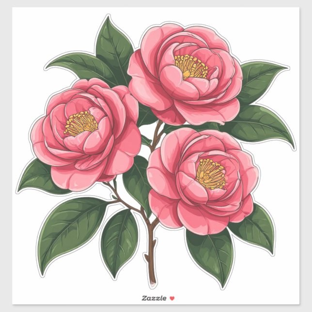 Sticker Fleurs de camélia roses en fleurs avec des feuille (Feuille)