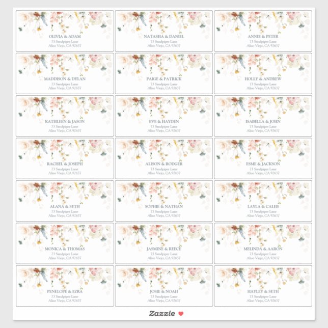 Sticker Fleurs de jardin aquarelle Adresse des invités (Feuille)