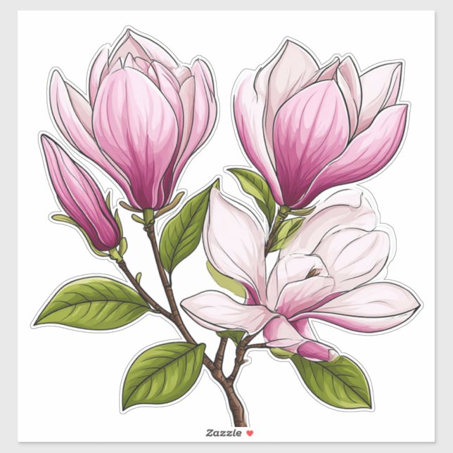Sticker Fleurs de magnolia roses délicates sur une branche (Feuille)