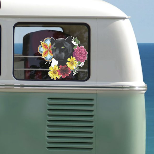 Sticker Fleurs de Portrait Jaguar Noir (Créateur téléchargé)