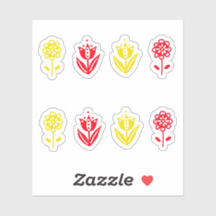 Sticker Fleurs de style folk scandinave rouge jaune