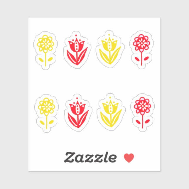 Sticker Fleurs de style folk scandinave rouge jaune (Feuille)